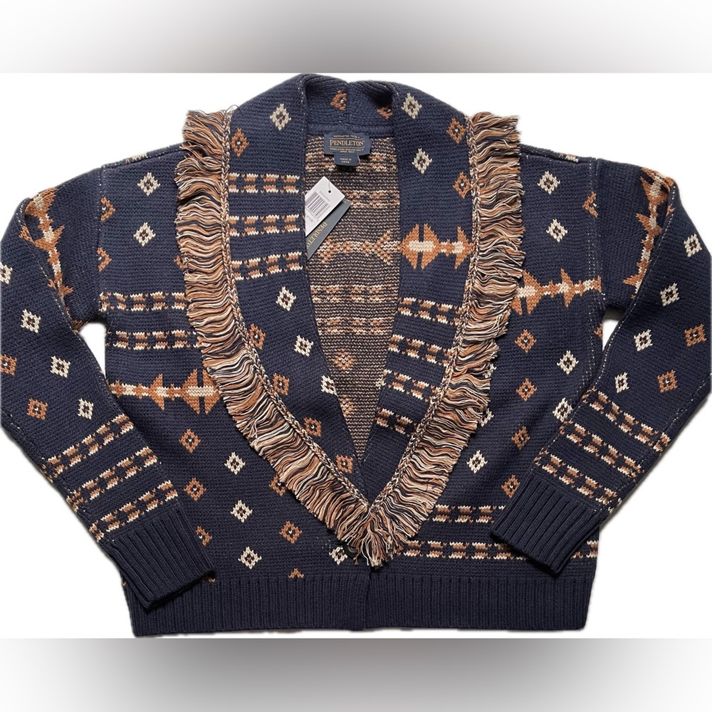 Pendleton Fringe Shawl Collar Cropped Oversized Cotton/ Wool Cardigan Sweater